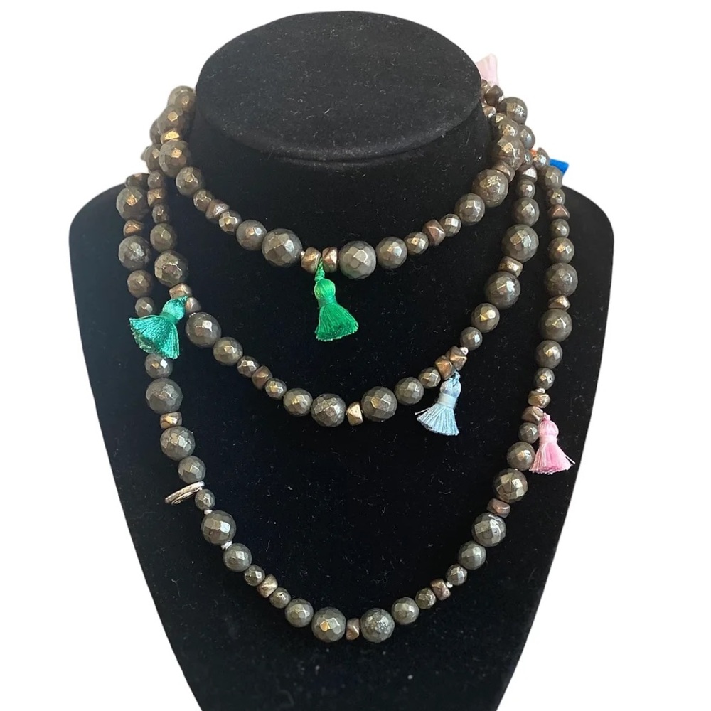 HIPCHIK Pyrite Beaded Necklace + Bracelet Combo with Colorful Tassels